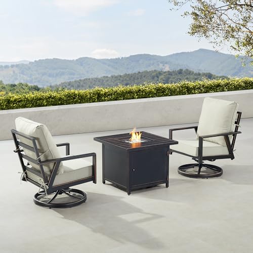 Oakland Living Black Aluminum Patio Fire Table Bistro Set with Two Club Chairs with Light Grey Cushions
