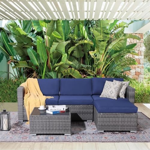 UOPYNE All-Weather Grey PE Wicker with Navy Blue Cushions - Outdoor Patio Furniture Set Sectional Conversation for Backyard, Porch, Garden, Poolside, Balcony 5 Piece