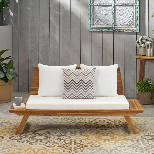 roomfitters Outdoor Teak Loveseat with Cushions, Patio Seating Bench, Natural Teak