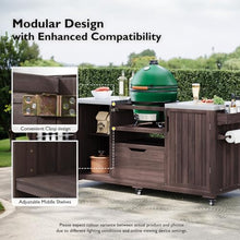 Hassyee Modern Design 66.5" Outdoor Kitchen Island for Big Green Egg Grills, Solid Wood Outdoor Grill Cart with Stainless Steel Top and Drawer (Dark Brown)