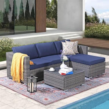 UOPYNE All-Weather Grey PE Wicker with Navy Blue Cushions - Outdoor Patio Furniture Set Sectional Conversation for Backyard, Porch, Garden, Poolside, Balcony 5 Piece