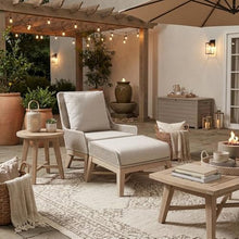 Outdoor Escape White Outdoor Footstool with Solid Teak Base, Intricate Rope Weave, Removable Cushion with Straps for Patio or Deck
