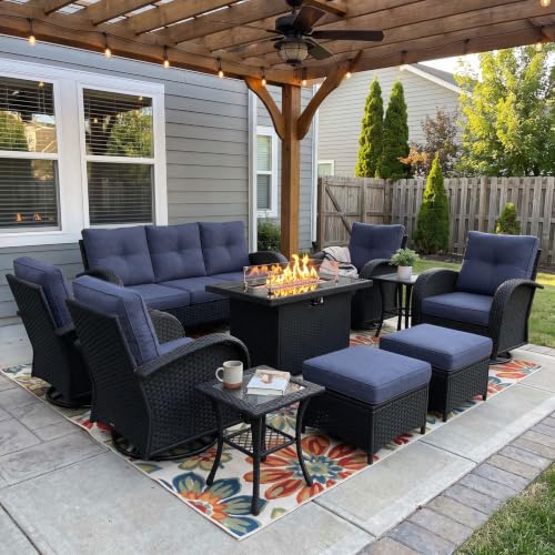 Vakollia 10 Pieces Patio Furniture Sets with Fire Pit Table, Wicker Rattan High Back Outdoor Swivel Rocking Chairs Set with 3-Seat Couch, Ottomans and Side Table