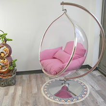 SK CHUMRA Hanging Chair - Transparent Acrylic Bubble, Waterdrop Shape, Indoor Swing Chair with Gold/Chrome Stand, Durable Fabric Cushion - Luxury Accent for Living Room, Bedroom (Chrome/Pink)