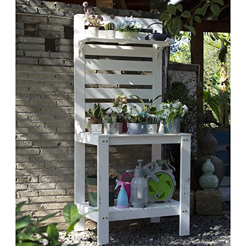 Garden Potting Bench Table Wooden,Outdoor Prep Station with Storage, Shelf, Hook, Planting Bench for Garden, Backyard, Or Storage (White)