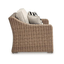 Benzara Tira Outdoor Loveseat, 57 Inch Handwoven Resin Wicker, Beige, Pillows
