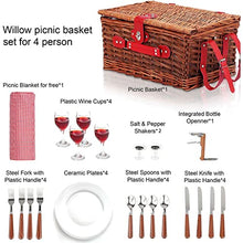 ASWRTYJO 24PCS Handmade Wicker Picnic Basket Set for 4 Person with Waterproof Picnic Blanket for Family Outdoor Party
