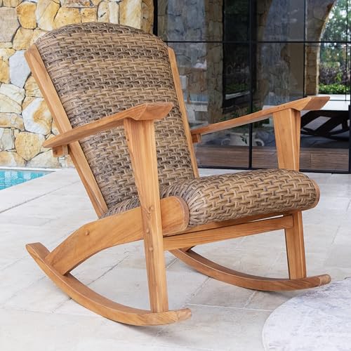 Cambridge Casual Camden Teak Porch Oversized Rocking Chair Brown Wicker, Padded Woven Seat, All-Weather Outdoor Deep Seating Rocking Chair with Built-in Quick Dry Cushion