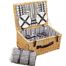 YRHH Rattan Picnic Basket with Lid, 4 Person Handmade Basket with Cutlery, Blue Fruit and Vegetables, for Outdoor Outings, Camping and Hiking
