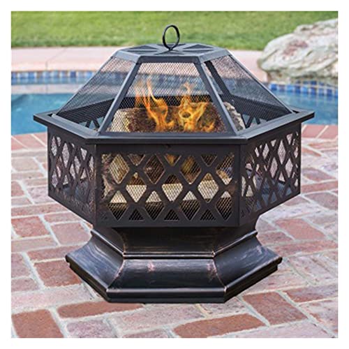Metal Fire Pits in The Garden,Large Bonfires with Wood Burning,Terraces and Outdoor Fireplaces,There are Spark Screens and Round Fireplace Covers Outside The Fire Pits in The Backyard.