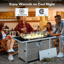 Propane Gas Fire Pit Table, Outdoor Fire Pits & Fireplaces, 60000 BTU Rectangular Open Weave Wicker Fire Pit with Glass Wind Cover for Outside Patio Deck Garden Backyard, Grey