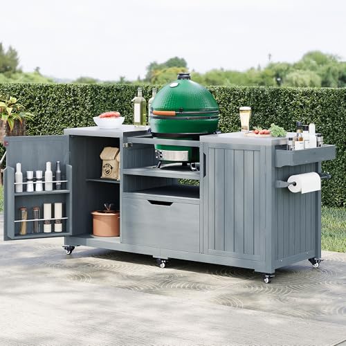 Merax 66.5" Outdoor Kitchen Island for Big Green Egg Grills, Solid Wood Outdoor Grill Cart for Tabletop Grill with Stainless Steel Top, Drawer, Compatible with Kamado Joe,Grey Blue