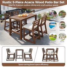 Merax 5-Piece Rustic Outdoor Patio Bar Set, Acacia Wood Patio Table and Chairs Set with Beige Cushion for Balcony Bistro Poolside Backyard Porch or Small Outdoor Spaces, All Weather, Mocha