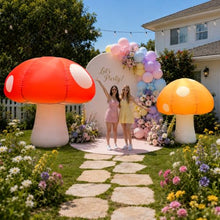Wellcomer 2 Pcs Inflatable Mushroom Decor with LED Lights, 8Ft & 6Ft Blow Up Mushrooms for Garden Yard Outdoor Fairy Tale Party Decoration, Stage & Event Display