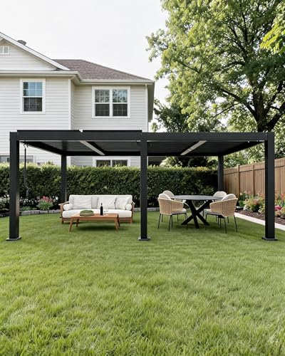 12' x 20' Louvered Pergola, Outdoor Pergola with Adjustable Louvered Roof, Reinforced Aluminum Frame, Integrated Drainage System, for Patio, Deck, Grey