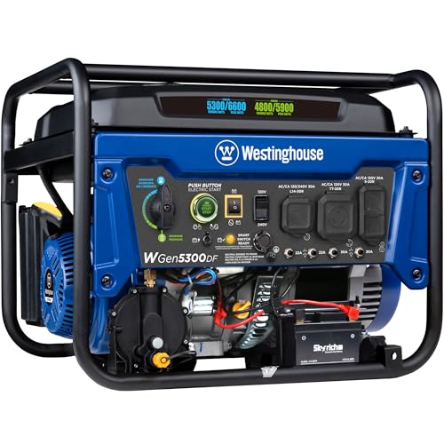Westinghouse WGen5300DF Dual Fuel Home Backup Portable Generator, 6600 Watts, Remote Electric Start with Auto Choke, Transfer Switch Ready, RV Ready