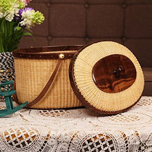 ZYBB Picnic Basket Easter Basket Handmade Rattan Basket with Lid and Wooden Bottom with Double Folding Handles Large Basket 30.5X21.5X16.5cm(Color:Brown)