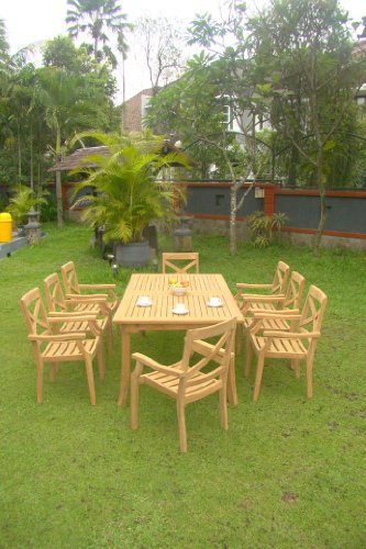 WholesaleTeakFurniture Grade-A Teak Wood 8 Seater 9 Pc Dining Set: 117" Rectangle Table and 8 Granada Stacking Arm Chairs #WFDSGR3