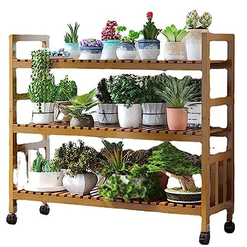 OJKJGYTF Indoor Plant Stand Baoo Plant Stand, 3Tier Baoo Flower Rack with Lockable Wheels for Indoor Outdoor Yard Garden Patio Balcony Living Room,One Size,Brown