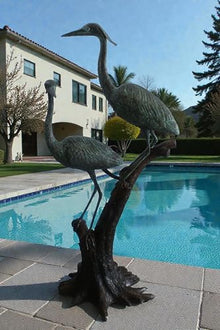Nifao Heron Bird Pair on Driftwood Medium Bronze Statue, 25"L x 20"W x 52"H