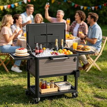104 Quart Rolling Ice Chest, Portable Patio Party Cooler with Divider,Spacious 104-Qt Capacity, Chills 36hrs, Serving Tray, Rolling Ice Chest for Indoor and Outdoor Entertainment,Coffee Brown