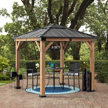 Sunjoy Hardtop Gazebo 9x9 ft Cedar Frame with Brown Steel Roof Natural Wood