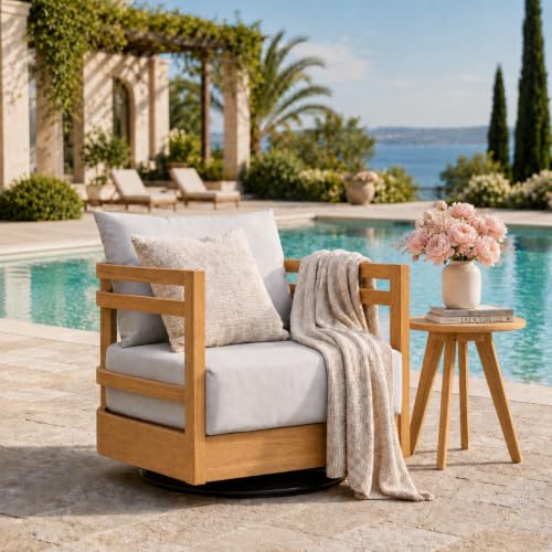 Merax Outdoor Patio Swivel Acacia Wood Chair with 360° Rotation, Water-Resistant Thick Cushions & Removable Cover, 400 Lbs Weight Capacity Lounge Chair for Deck, Backyard, Garden, Teak + Gray