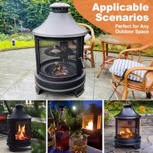 2-in-1 Fire Pit with Grill, Outdoor Chiminea Fireplace for Patio Backyard, Retro Look, 360° Sparks Protection Net, 3-Level Adjustable Grill, Stable Tripod