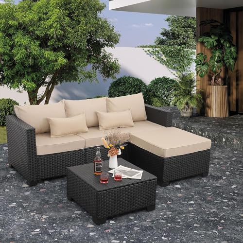 UOPYNE 3-Pieces Patio Furniture Sets, Wicker Rattan Outdoor Sofa Set with Ottomans and Storage Table -Khaki