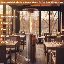 46,000 BTU Stainless Steel Round Commercial Propane Outdoor Patio Heater with Glass Flame Tube and Protective Mesh – Freestanding Portable Design with Wheels for Patio, Deck, Restaurant, Events