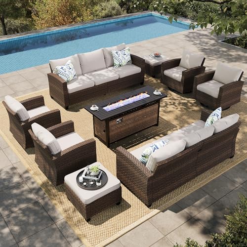 HERA'S HOUSE Swivel Glider Patio Furniture Set with Fire Pit Table