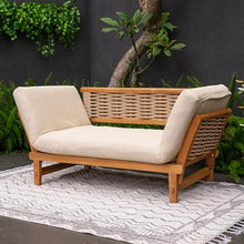 Cambridge Casual Chester Teak Wood Outdoor Convertible Sofa Daybed – 3-in-1 Patio Couch, Outdoor Futon Sofa Bed with Cream All-Weather Wicker & Tan Cushion