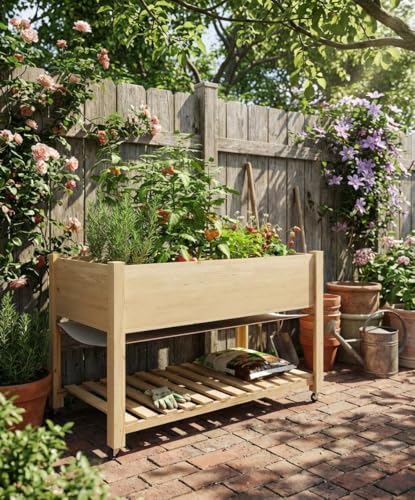 Sturdy Elevated Wooden Raised Garden Bed with Wheels and Legs – Large Planter Box with Storage Shelf, Protective Liner – Ideal for Vegetables, Herbs, Flowers – Outdoor Patio, Balcony, Backyard –