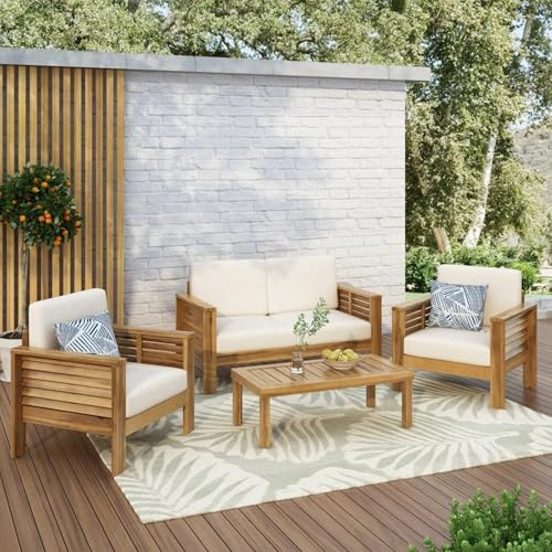 Acacia Wood Outdoor Furniture Set with Water-Resistant Cushions, Patio Club Chair and Loveseat with Matching Side Table, All-Weather Slat Design Seating (Brown,LOVESEAT+2 Chair+Table)