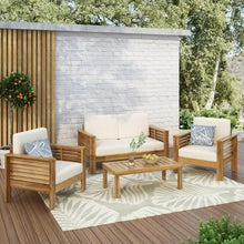 Acacia Wood Outdoor Furniture Set with Water-Resistant Cushions, Patio Club Chair and Loveseat with Matching Side Table, All-Weather Slat Design Seating (Brown,LOVESEAT+2 Chair+Table)
