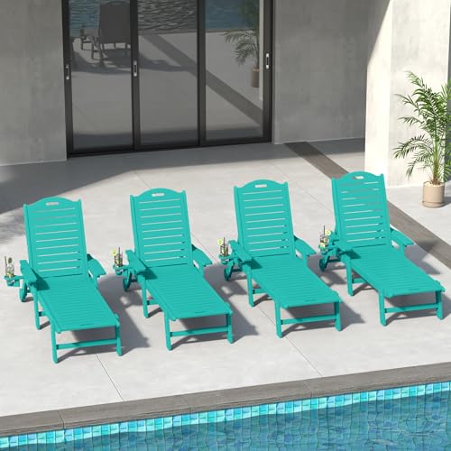 Costaelm Lago Outdoor HDPE Patio Chaise Lounge Chairs with Wheels & Cup Holder (Set of 4), Turquoise
