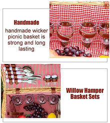 Rustic Picnic Basket, Willow Hamper Basket Sets with Utensils Cutlery Perfect for Picnic Handmade with Washable Lining Basket for Outdoor Camping