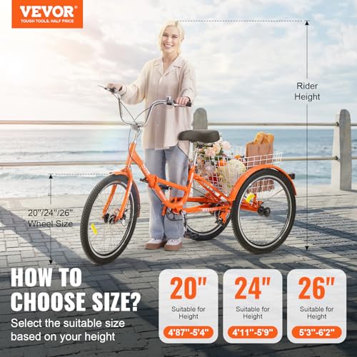 VEVOR Folding Adult Tricycle 26-Inch Lightweight Aluminum Alloy 3 Wheel Cruiser Bike with Large Rear Basket Orange