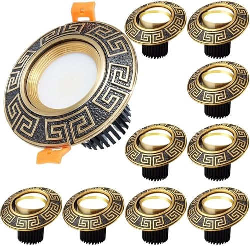 WKNHHL 10-Pack Classical Carving Grille Downlight - Dimmable Vintage Brass Recessed Led Lighting