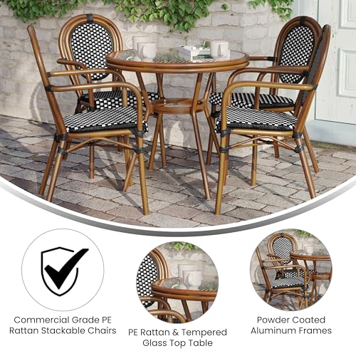 EMMA + OLIVER Colmar Indoor/Outdoor Bistro Set Black & White Rattan/Natural Frame