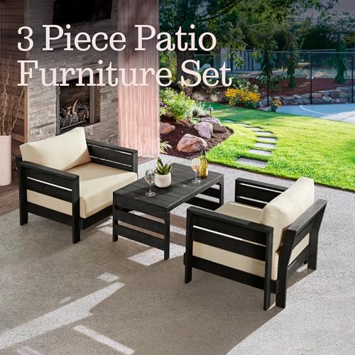 Alaterre Furniture Barton 3 Piece Patio Furniture Set - Weather-Resistant Eucalyptus Wood Outdoor Table and Chairs with Cushions - Modern Outdoor Furniture Set for Porch, Deck, or Pool (Black)