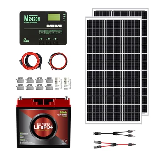 ECI Power 200W 12V Solar Power Kit | 12V 20Ah LiFePO4 Lithium Battery | 200W Mono Rigid Solar Panels, 20A MPPT Solar Charge Controller | RV, Trailer, Camper, Marine, Off Grid, Solar Projects