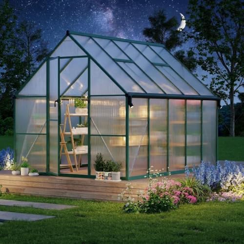 Garvee 8 x 10 ft Outdoor Polycarbonate Greenhouse Kit, Heavy Duty Greenhouse with Reinforced Aluminum Frame, Adjustable Roof Vent, Lockable Door & Quick-Connect Assembly