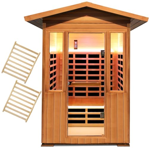 OUTEXER Far Infrared Sauna Room Red Cedar and Canadian Hemlock Wood 1800W Spa Two Person Outdoors