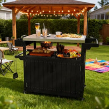 Modern Outdoor Bar Tables with Four 360° Swivel Wheels and Detachable Paper Towel Rack, Mobile Storage Islands with Cabinet and Open Shelf (Black and Silver)