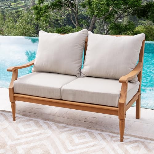 Cambridge Casual Venice Teak Wood Outdoor Loveseat, Weather-Resistant 2-Seater Loveseat with 5.5 in. Thick Beige Cushion- Perfect for Balcony, Sunroom, or Backyard