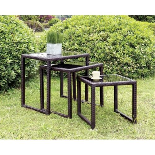 Afuera Living Patio Nesting Tables, 3-Piece Set, Aluminum Frame with Espresso Wicker Finish and Black Tempered Glass Tops, Contemporary Design, Weather Resistant Outdoor End Tables for Patio or Deck