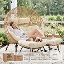 NICESOUL Stationary Egg Chair Indoor Outdoor Wicker Oversized Thick Cushions Egg Shaped Loveseat Chair, Egg Basket Lounge Chair with Ottoman Footrest for Patio Balcony Porch Bedroom Beige
