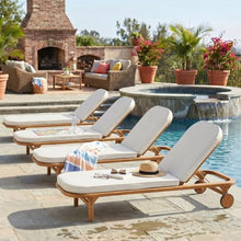 Christopher Knight Home Yeon Set of 4 Acacia Wood Chaise Lounge Chair Outdoor with Wooden Wheels, Adjustable Backrest Sun Lounger Recliner, Patio Outdoor Chaise Lounge with Cushion, Teak + Beige