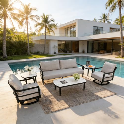 Hassyee Outdoor Conversation Set with Fully Weld Swivel Club Chairs and Marble-Inspired Sintered Stone Table for Poolside, Patio Furniture Set with Aluminum Frame for Lawn (6 PCS Set)